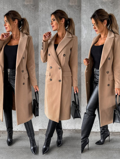 Elegant Overcoat for Women Double-Breasted Long-Sleeve Midi