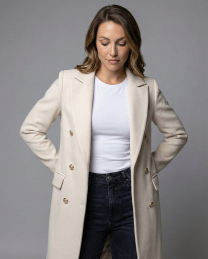 Elegant Overcoat for Women Double-Breasted Long-Sleeve Midi
