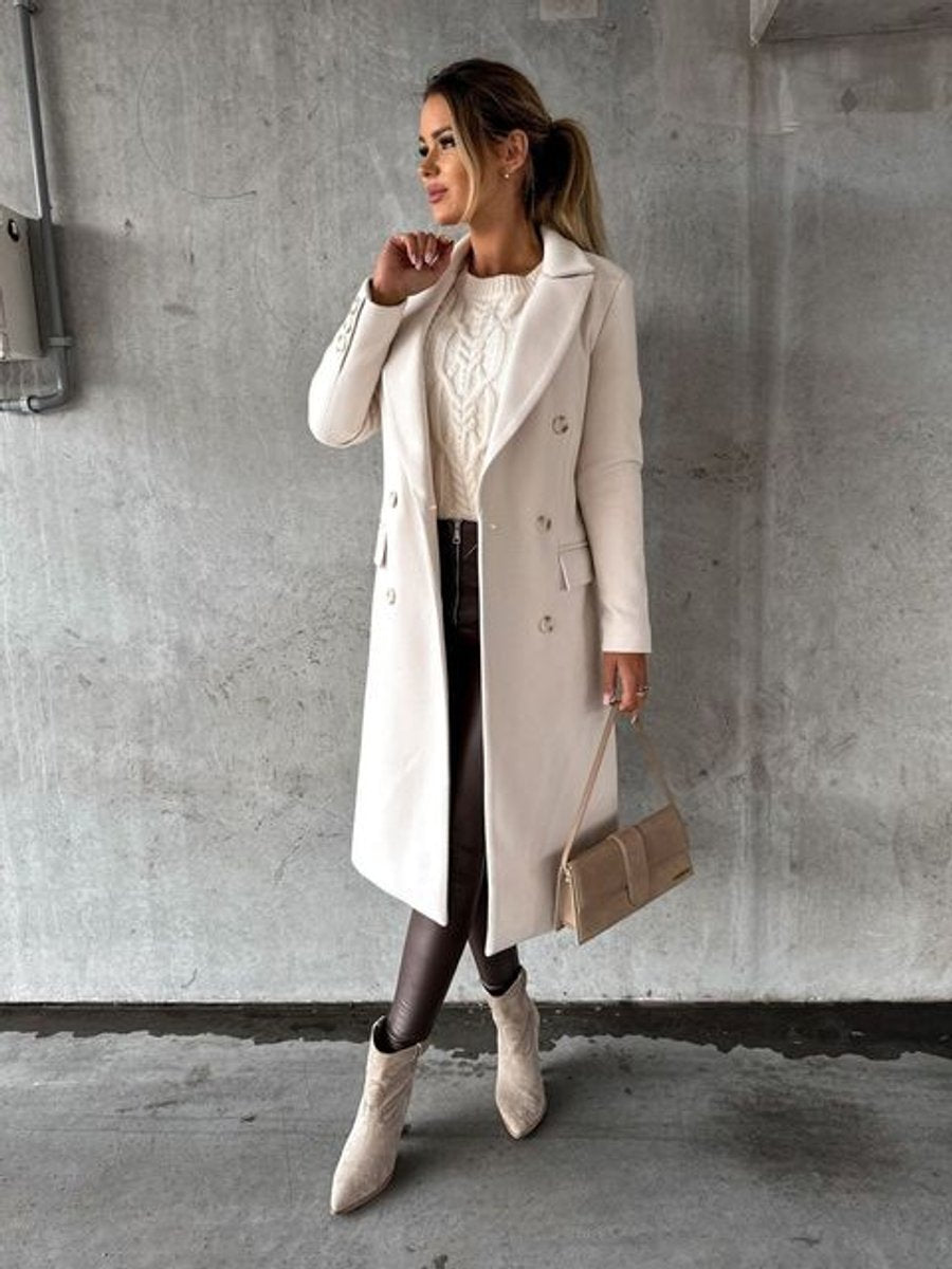 Elegant Overcoat for Women Double-Breasted Long-Sleeve Midi