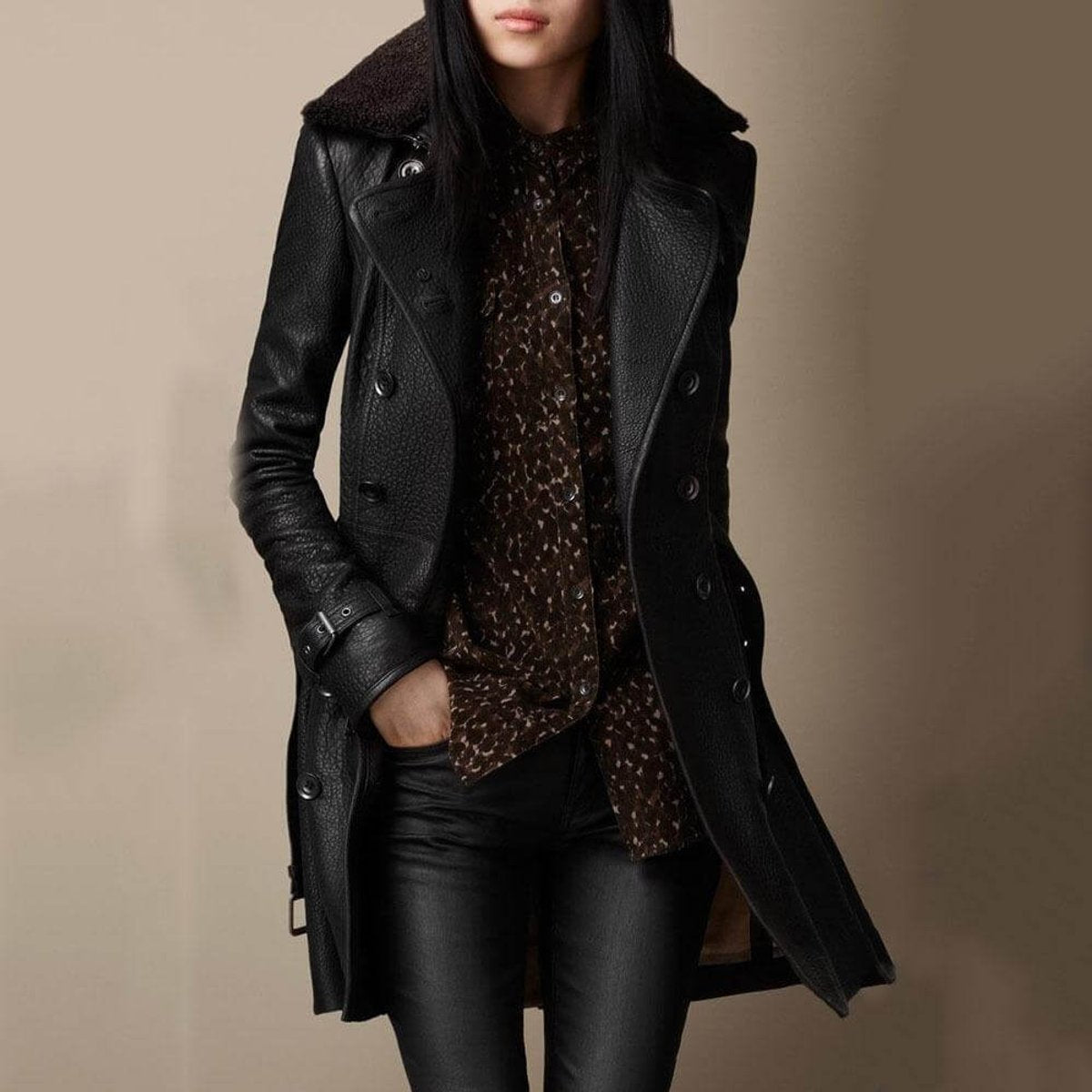 Elegant Trench Coat for Women Shearling-Collar Leather