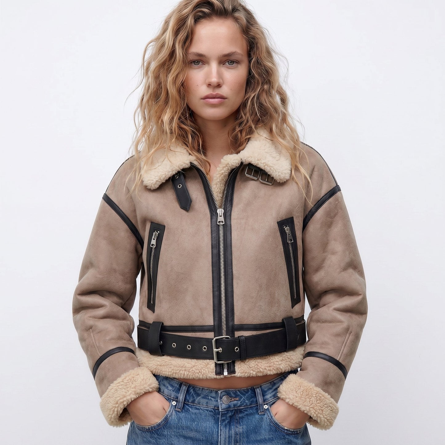 Stylish Shearling Bomber Jacket for Women Cropped Zip-Up
