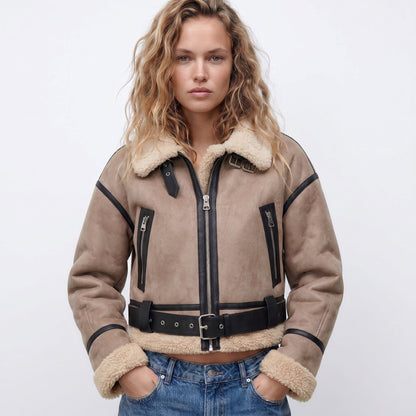Stylish Shearling Bomber Jacket for Women Cropped Zip-Up