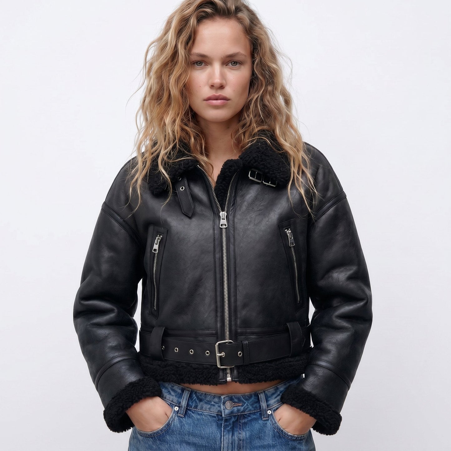 Stylish Shearling Bomber Jacket for Women Cropped Zip-Up