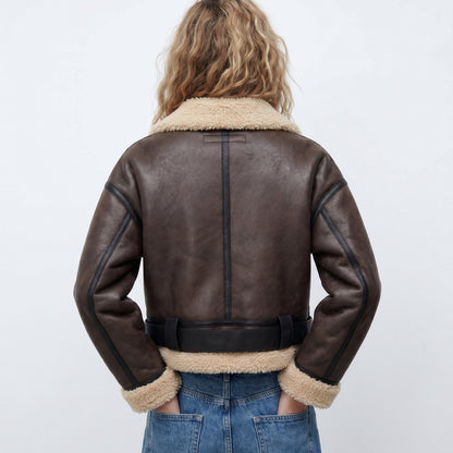 Stylish Shearling Bomber Jacket for Women Cropped Zip-Up