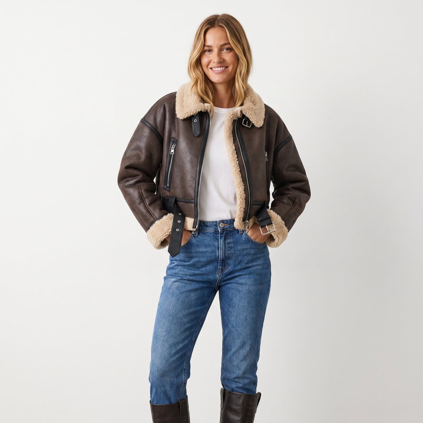 Stylish Shearling Bomber Jacket for Women Cropped Zip-Up