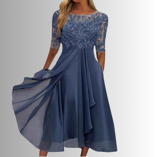 Elegant Midi Dress for Women Lace-Bodice Chiffon