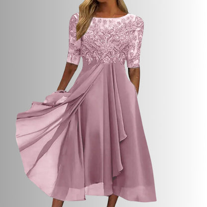 Elegant Midi Dress for Women Lace-Bodice Chiffon