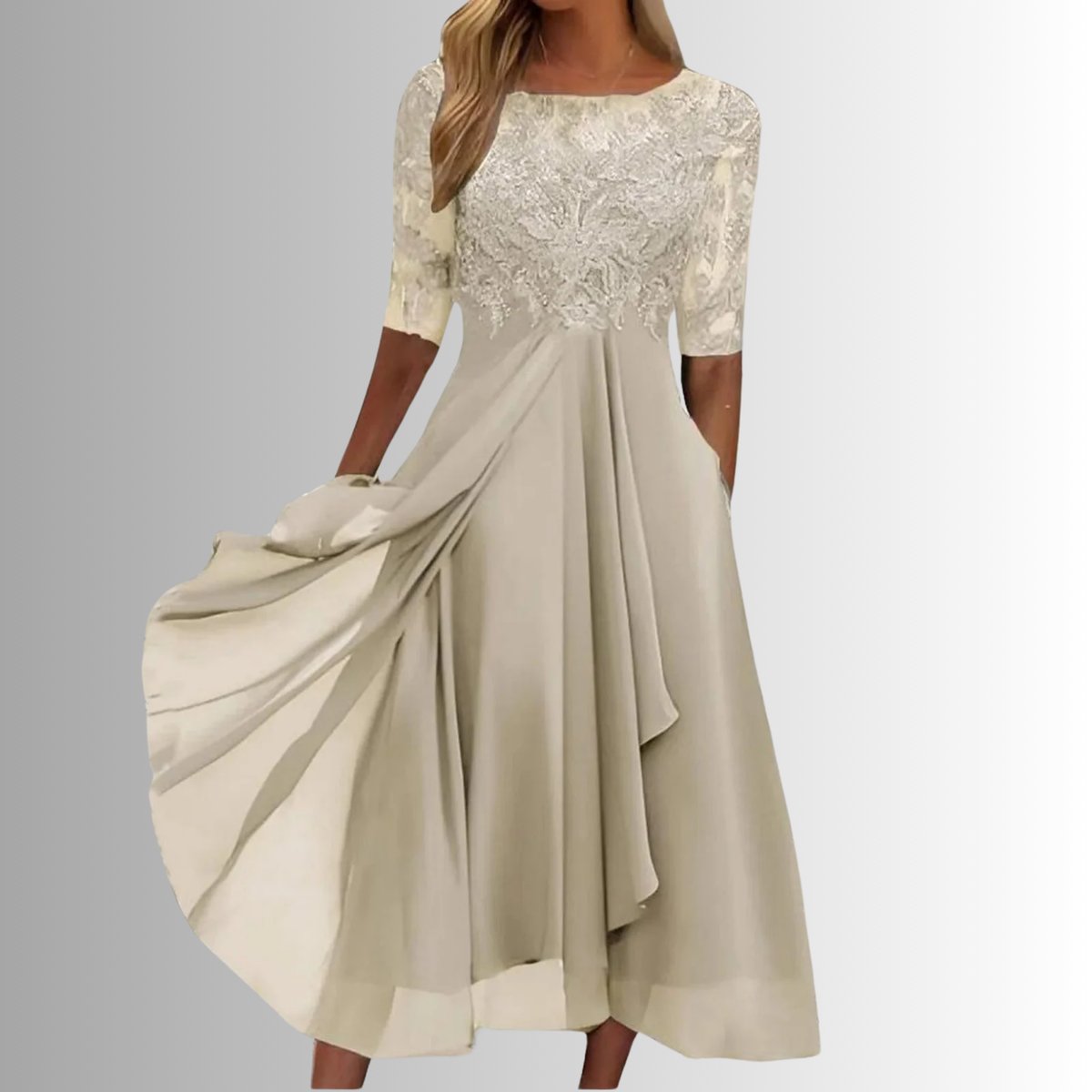 Elegant Midi Dress for Women Lace-Bodice Chiffon