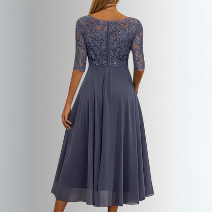 Elegant Midi Dress for Women Lace-Bodice Chiffon