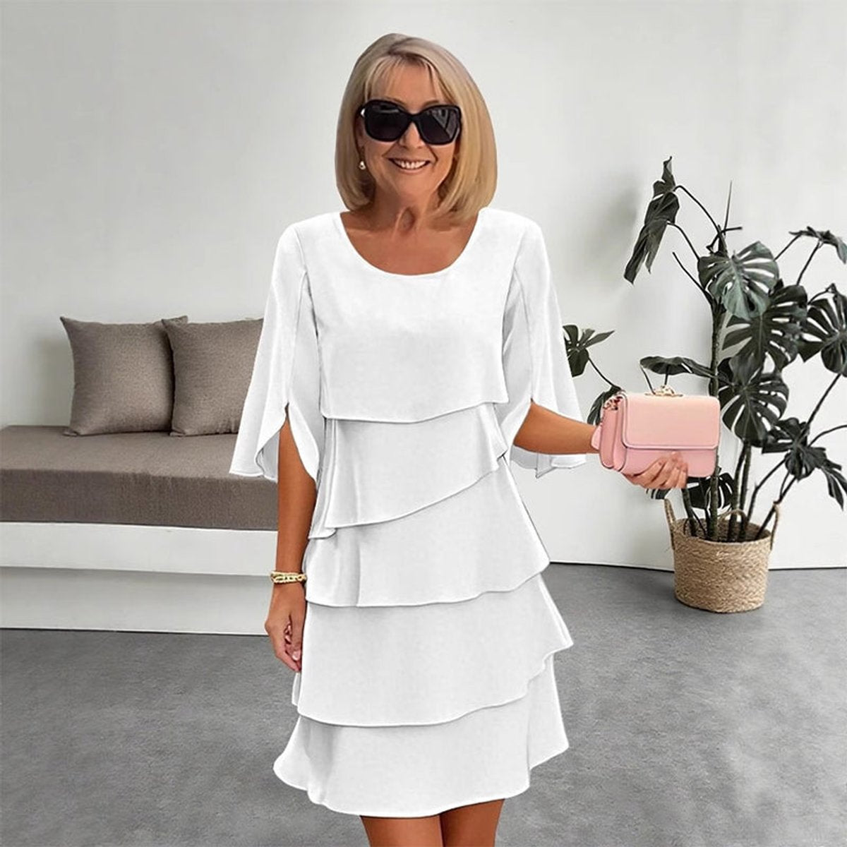 Elegant Mini Dress for Women Tiered Ruffle Short-Sleeve