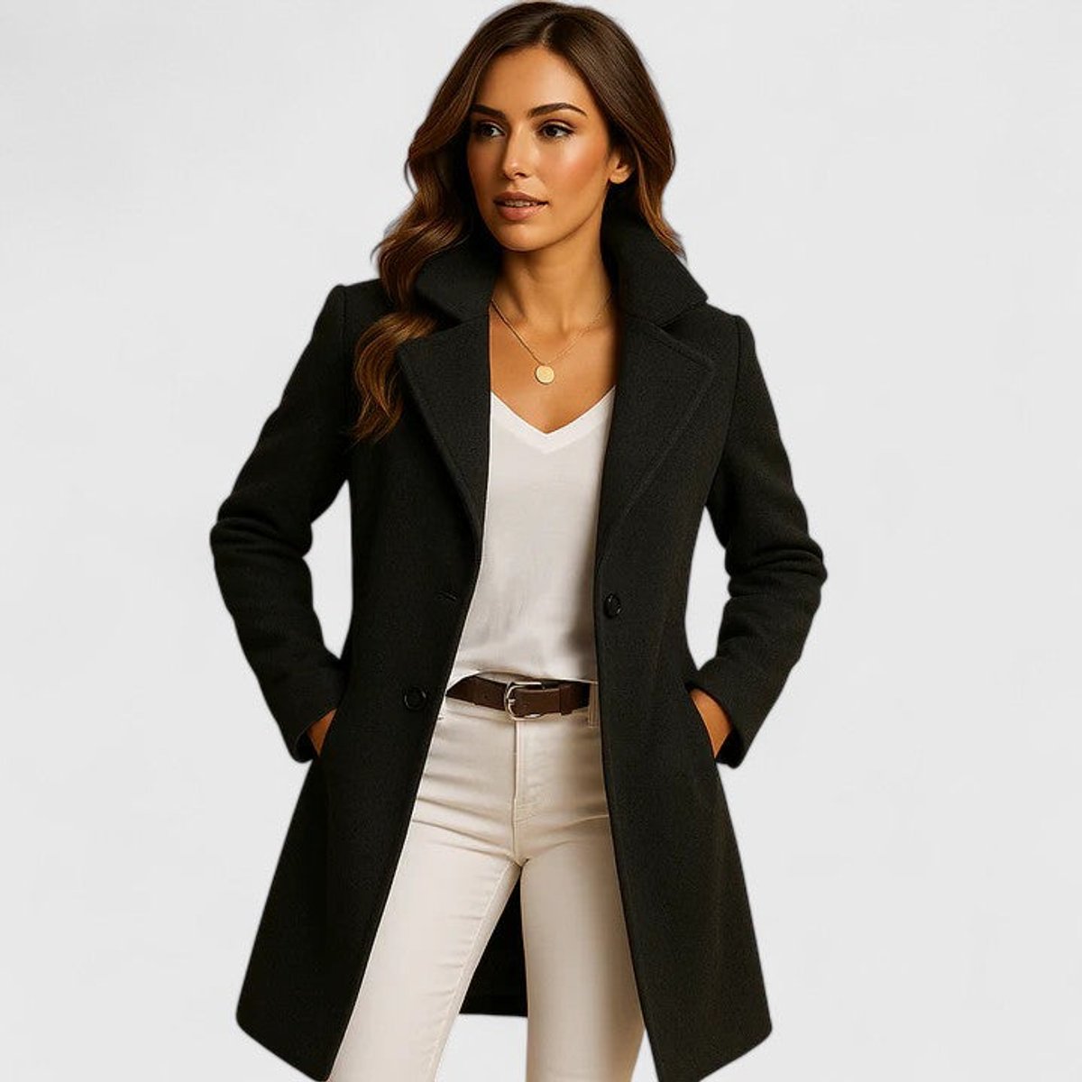Elegant Long Coat for Women Notch-Lapel Double-Breasted