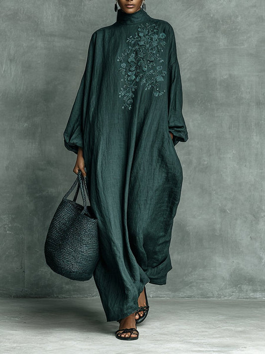 Elegant Maxi Dress for Women High-Neck Linen Long-Sleeve
