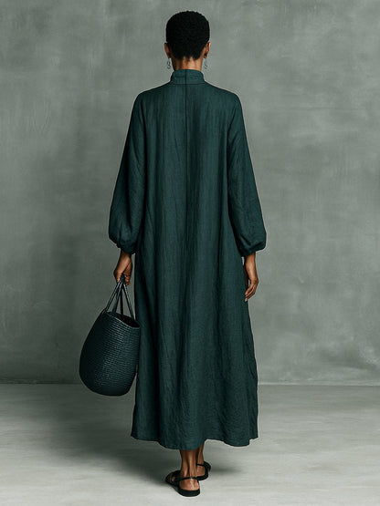 Elegant Maxi Dress for Women High-Neck Linen Long-Sleeve