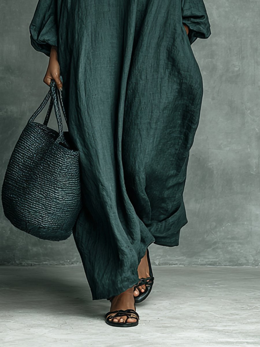 Elegant Maxi Dress for Women High-Neck Linen Long-Sleeve