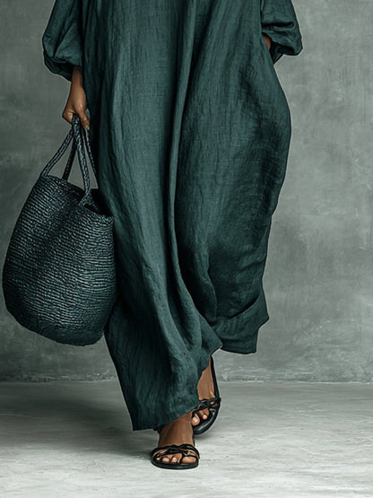 Elegant Maxi Dress for Women High-Neck Linen Long-Sleeve