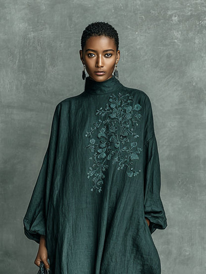 Elegant Maxi Dress for Women High-Neck Linen Long-Sleeve