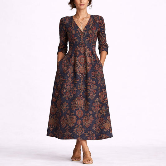 Elegant Maxi Dress for Women V-Neck Floral-Print Linen