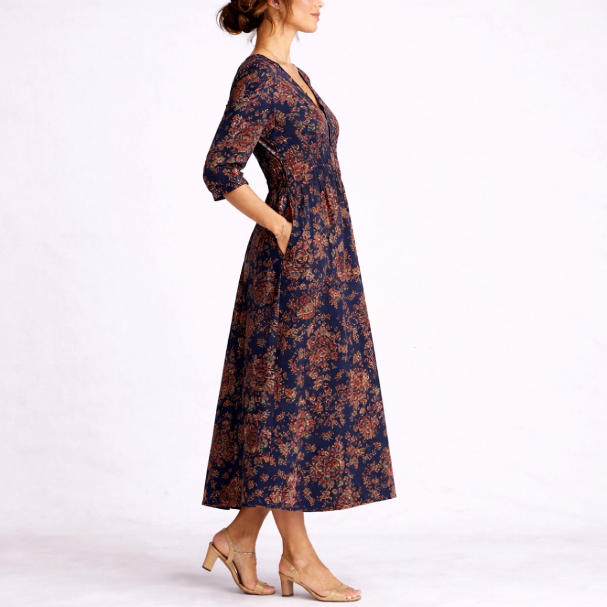 Elegant Maxi Dress for Women V-Neck Floral-Print Linen
