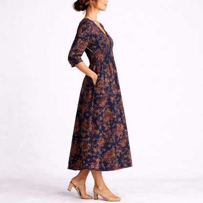 Elegant Maxi Dress for Women V-Neck Floral-Print Linen