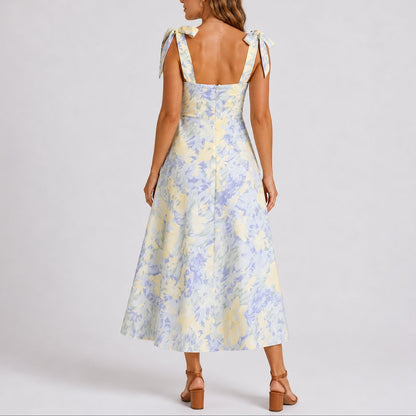 Elegant Midi Dress for Women Tie-Shoulder Floral-Print Ruched