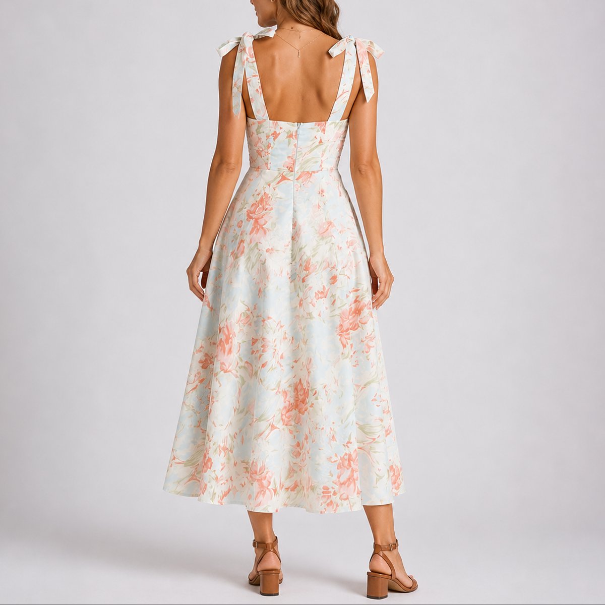 Elegant Midi Dress for Women Tie-Shoulder Floral-Print Ruched