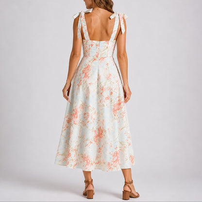 Elegant Midi Dress for Women Tie-Shoulder Floral-Print Ruched