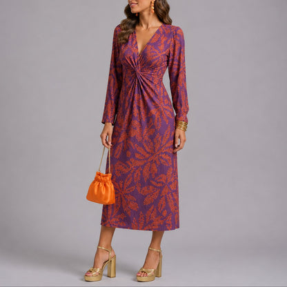Elegant Midi Dress for Women Twist-Front V-Neck Floral-Print