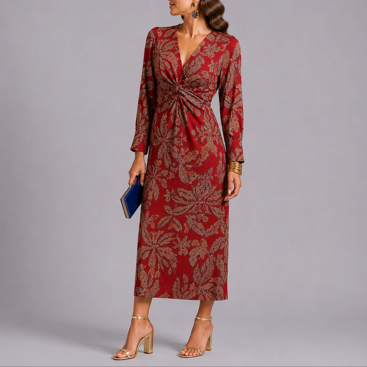 Elegant Midi Dress for Women Twist-Front V-Neck Floral-Print