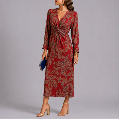 Elegant Midi Dress for Women Twist-Front V-Neck Floral-Print