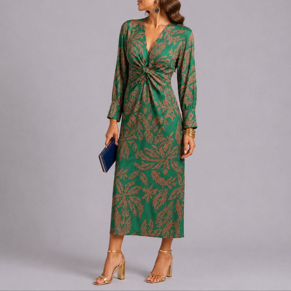 Elegant Midi Dress for Women Twist-Front V-Neck Floral-Print