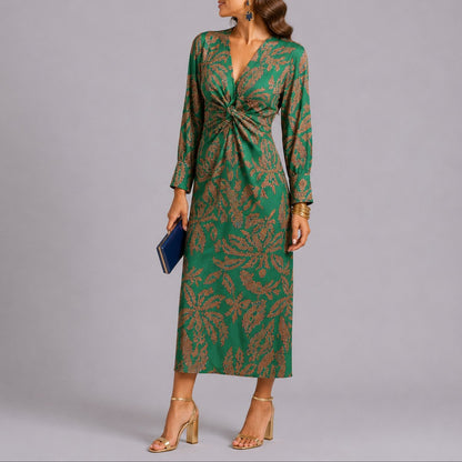 Elegant Midi Dress for Women Twist-Front V-Neck Floral-Print