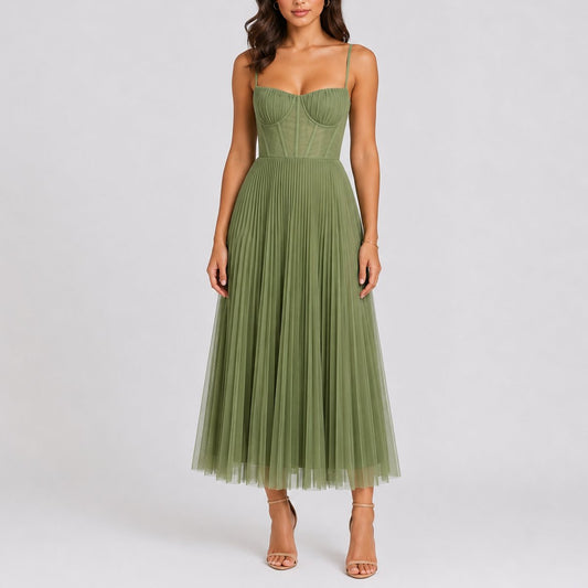 Elegant Midi Dress for Women Bustier Pleated Tulle