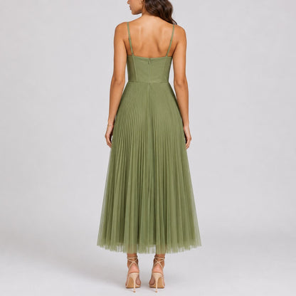 Elegant Midi Dress for Women Bustier Pleated Tulle