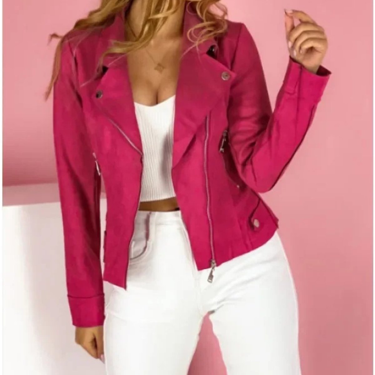 Stylish Moto Jacket for Women Notched-Collar Zip-Up