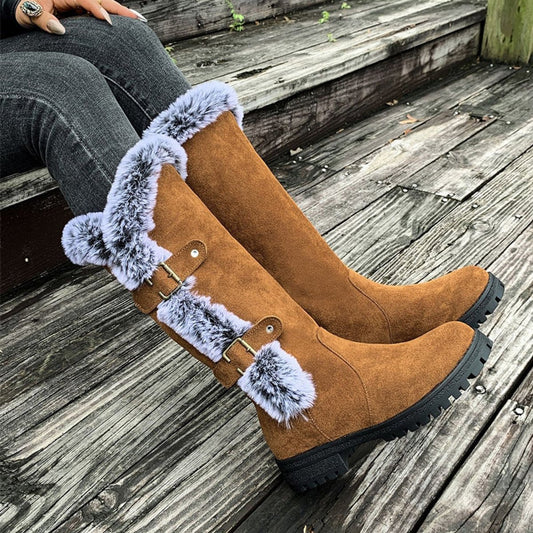 Comfortable Knee-High Boots for Women Faux-Suede Fur-Trim