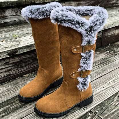 Comfortable Knee-High Boots for Women Faux-Suede Fur-Trim