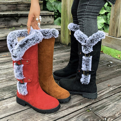 Comfortable Knee-High Boots for Women Faux-Suede Fur-Trim