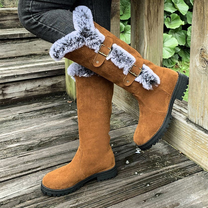 Comfortable Knee-High Boots for Women Faux-Suede Fur-Trim