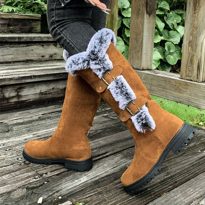 Comfortable Knee-High Boots for Women Faux-Suede Fur-Trim