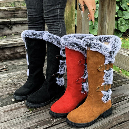 Comfortable Knee-High Boots for Women Faux-Suede Fur-Trim