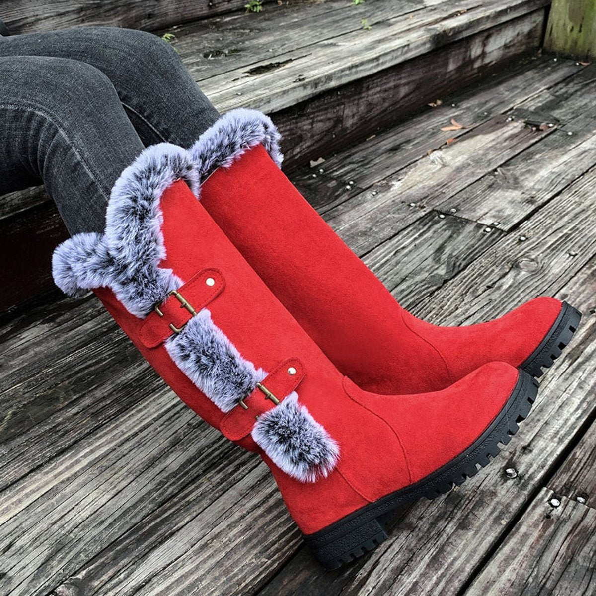 Comfortable Knee-High Boots for Women Faux-Suede Fur-Trim