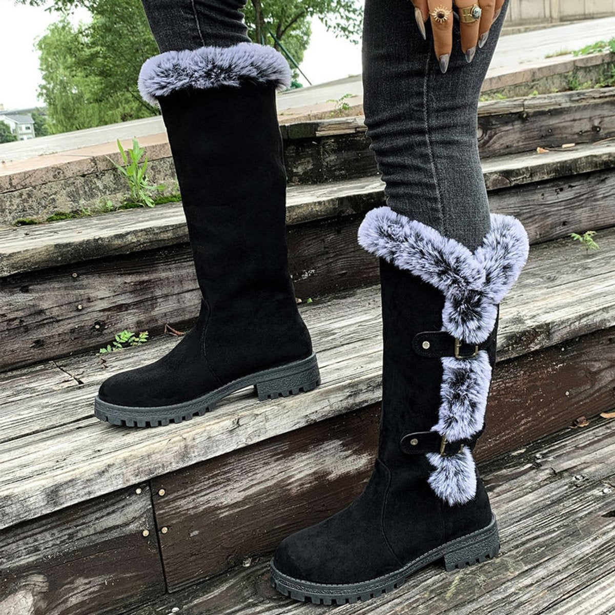 Comfortable Knee-High Boots for Women Faux-Suede Fur-Trim