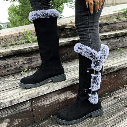 Comfortable Knee-High Boots for Women Faux-Suede Fur-Trim