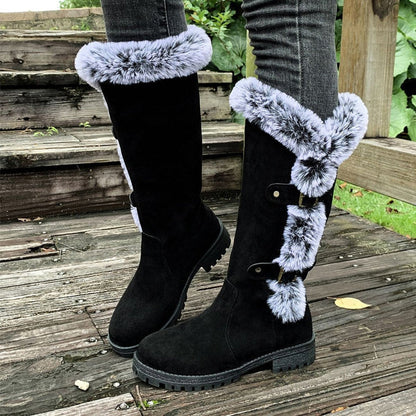Comfortable Knee-High Boots for Women Faux-Suede Fur-Trim