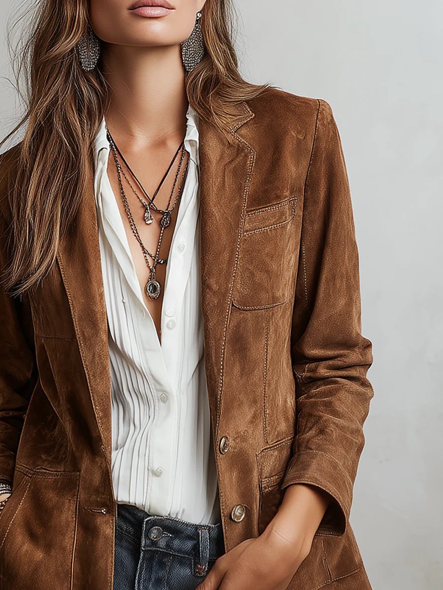 Elegant Blazer for Women Faux-Suede Tailored Single-Breasted