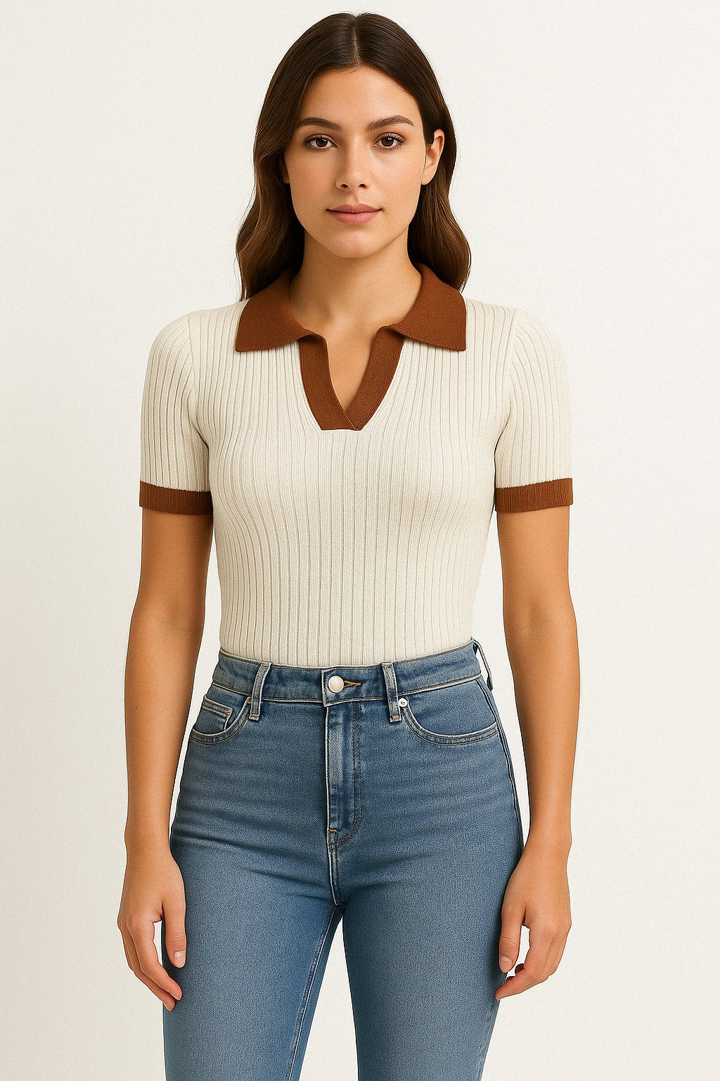 Stylish Ribbed Polo Shirt for Women Contrast-Trim Short-Sleeve