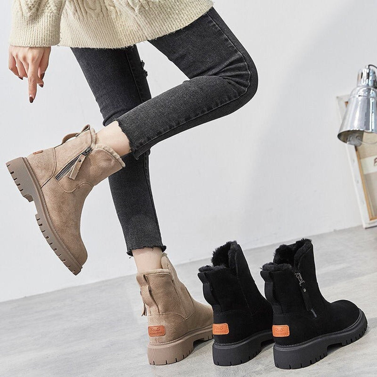 Comfortable Ankle Boots for Women Suede Fleece-Lined Slip-On