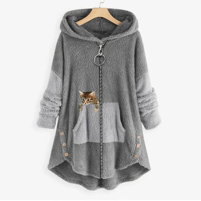Comfortable Hooded Fleece Jacket for Women Zip-Up High-Low