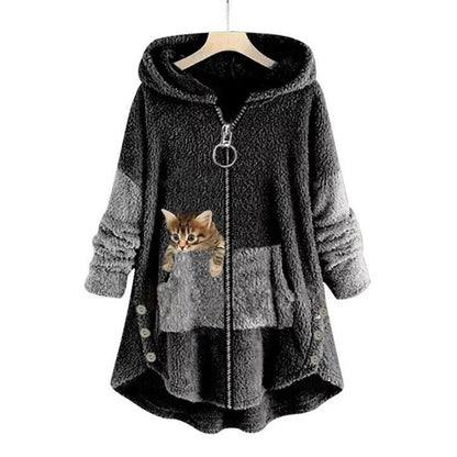 Comfortable Hooded Fleece Jacket for Women Zip-Up High-Low