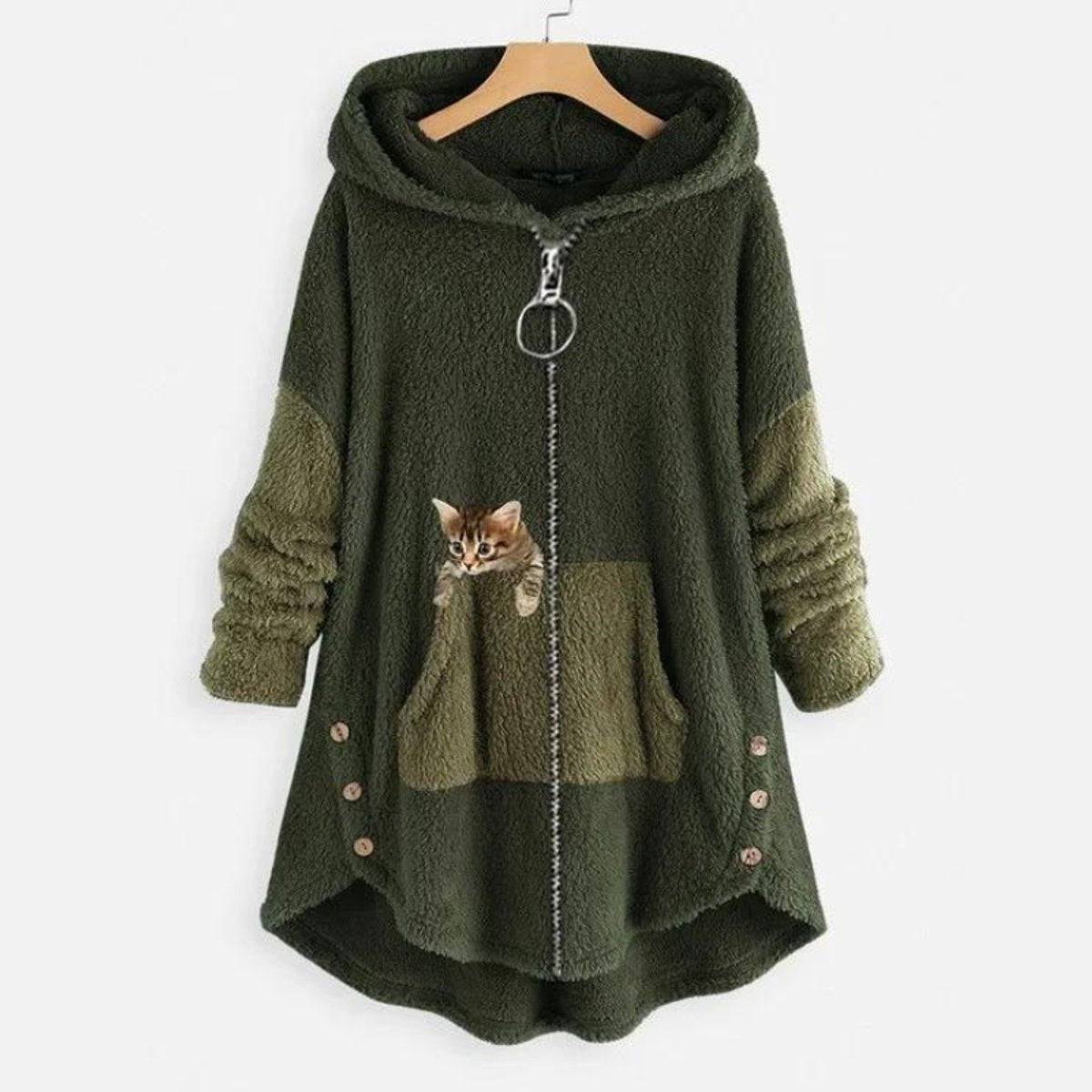 Comfortable Hooded Fleece Jacket for Women Zip-Up High-Low